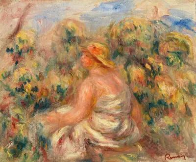 Woman with Hat in a Landscape (Femme avec chapeau dans un paysage) av Pierre-Auguste Renoir