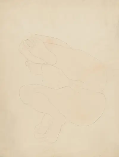 Female nude, reclining on back, knees raised, hands on feet, Auguste Rodin