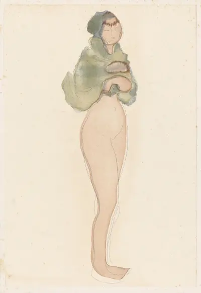 Female nude, standing, green wrap around shoulders and head, Auguste Rodin