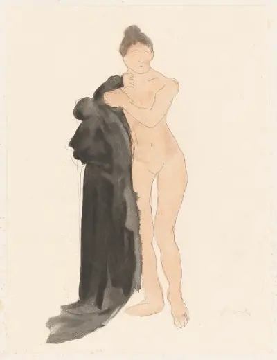 Female nude, standing, holding long black cape at her right with left hand, Auguste Rodin