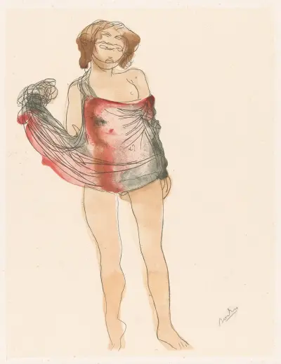 Female nude, standing, sheer red and black material wrapped around her torso, Auguste Rodin