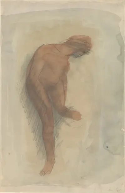 Nude female figure holding left foot, Auguste Rodin
