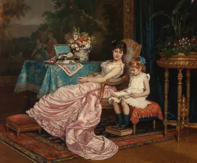 A mother and daughter reading von Auguste Toulmouche