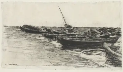 Rybářské čluny na pláži v Étretatu, Léon Augustin Lhermitte