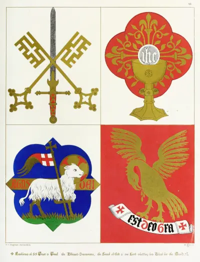 Emblems of St. Peter and St. Paul; the blessed Sacrament, and the Lamb of God., Augustus Pugin