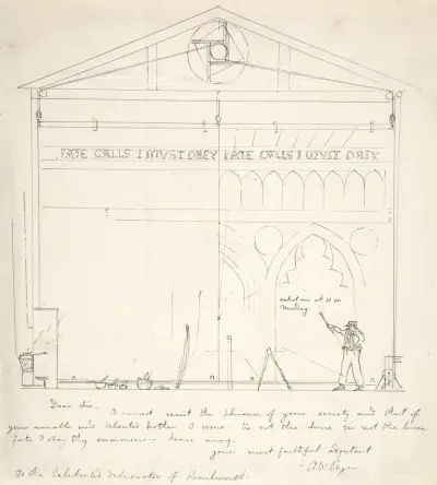 Letter with Sketch of Artist Painting Stage Scenery, Augustus Pugin