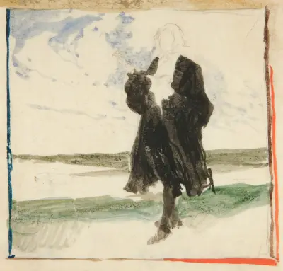 Mann im Mantel in Landschaft von Edwin Austin Abbey