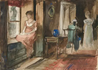 Skizze von Figuren in einem Interieur von Edwin Austin Abbey