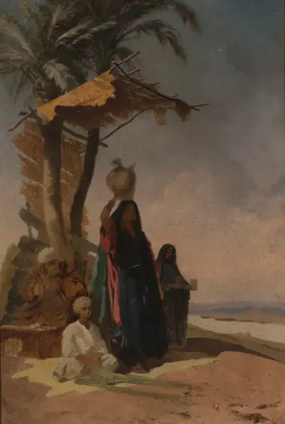 Eastern genre scene under a palm tree, Stanisław Chlebowski