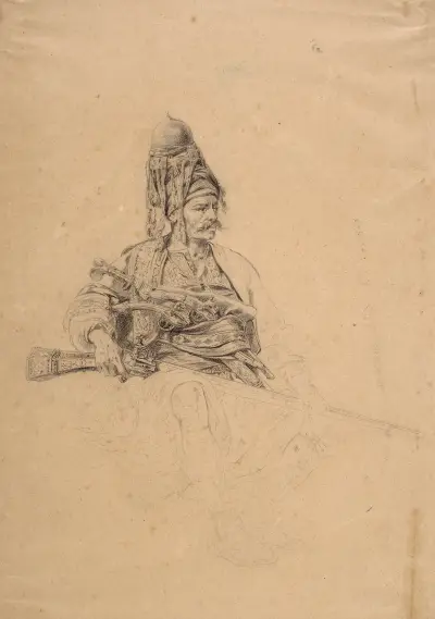 Sitting zeybek with a rifle – study for the painting, Stanisław Chlebowski