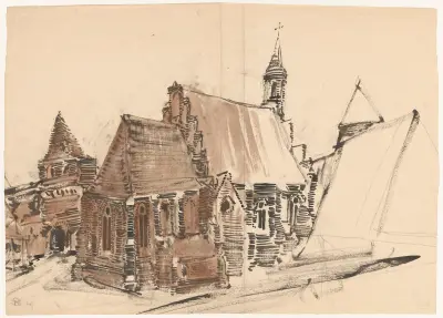 Belgien. Gotische Architektur. Kirche und Mauerfragment mit Tor von Stanisław Noakowski