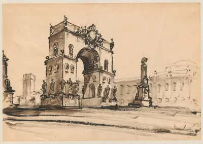 Entwurf des Triumphbogens am Eingang zur Poniatowski-Brücke vor dem Gebäude des Nationalmuseums in Warschau von Stanisław Noakowski