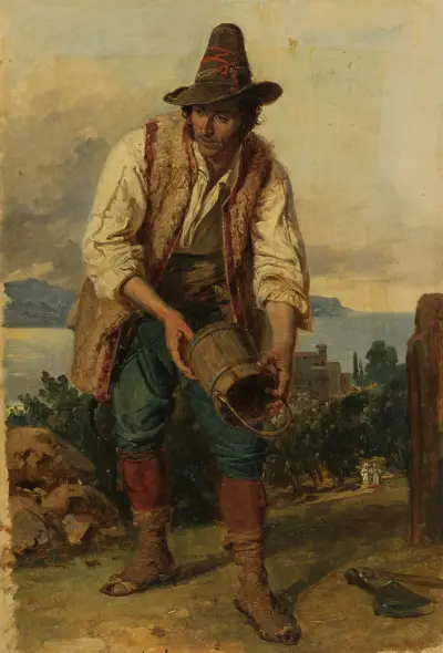Italiener mit hohem Hut, einen hölzernen Eimer in den Händen haltend av Johann Baptist Kirner