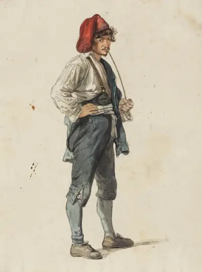 Italiener mit roter Zipfelmütze, eine langstielige Pfeife rauchend av Johann Baptist Kirner