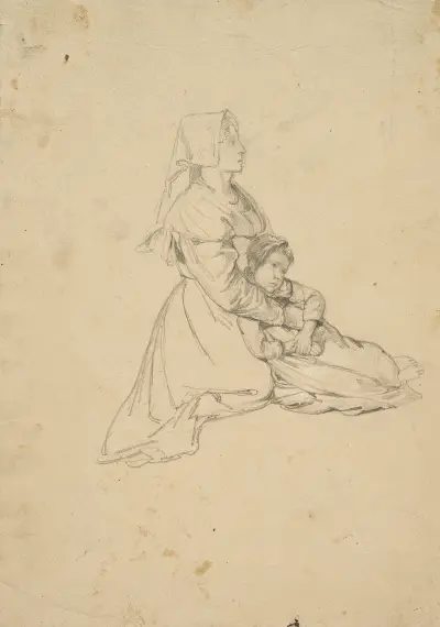 Kneeling Italian girl, holding her daughter av Johann Baptist Kirner