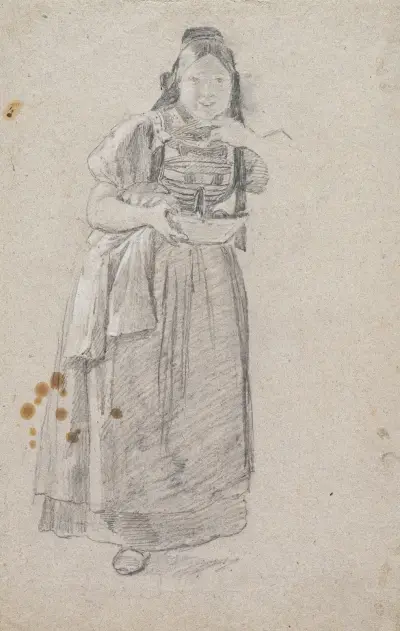 Młoda kobieta ze Schwarzwaldu, słuchająca (z przyborami do szycia i bluzką), Johann Baptist Kirner