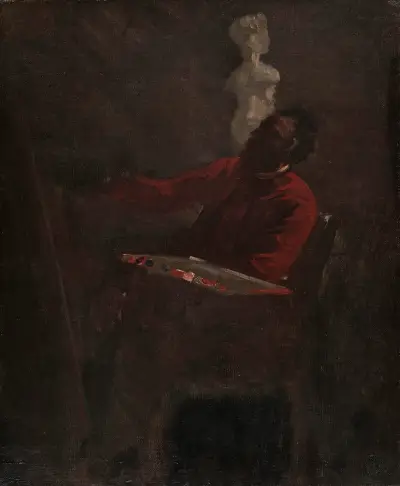 Carpeaux en veston rouge peignant dans son atelier av Jean-Baptiste Carpeaux
