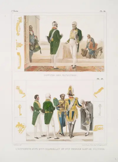 Costume des ministres; L’Empereur suivi d’un chambellan et d’un premier valet de chambre av Jean Baptiste Debret