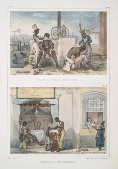 Les barbiers ambulants ; Boutique de barbiers av Jean Baptiste Debret