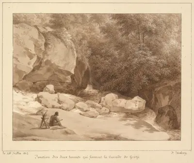 Spojení dvou bystřin, které tvoří Grésyský vodopád, Jean-Baptiste Isabey