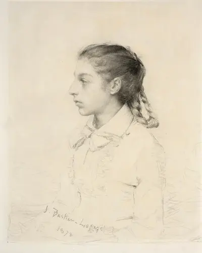 Portrait of a young girl with a braid av Jules Bastien-Lepage