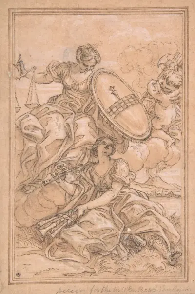 Kompozycja alegoryczna; Muzyka i Sprawiedliwość z herbem Spinola, Giovanni Battista Gaulli
