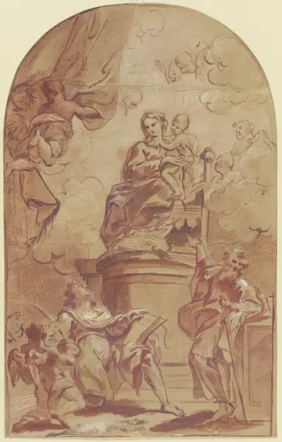 Maria auf dem Throne, dabei der Heilige Paulus und der Heilige Matthäus mit dem Engel av Giovanni Battista Gaulli