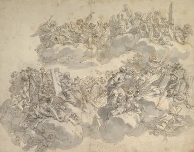 Prorocy, patriarchowie, święci i muzykujące anioły w chwale, Giovanni Battista Gaulli