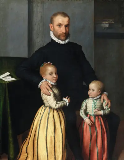 Porträt eines Gentlemans und seiner beiden Kinder von Giovanni Battista Moroni