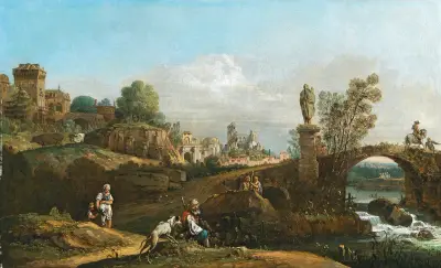 Landscape capriccio with classical and medieval motifs and some buildings from Dresden, Bernardo Bellotto