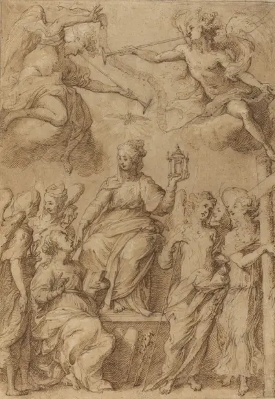 Ecclesia Surrounded by Angels Holding the Instruments of the Passion av Bernardo Strozzi