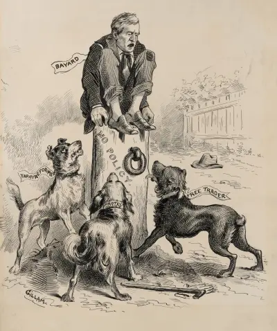 Bayard crouching atop tree stump ‘No Policy,’ terrorized by three angry dogs ‘Tariff Reformer,’ ‘Protectionist,’ ‘Free Trader’ von Bernhard Gillam