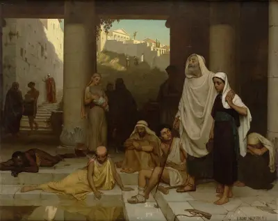 The blind man at the Pool of Siloam av Edmund Blair Leighton
