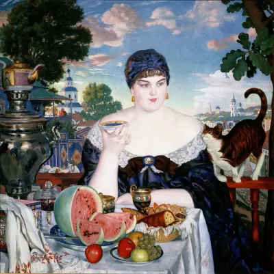 Merchant’s Wife at Tea av Boris Kustodiev