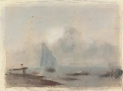 A Sailing Ship near Shore av Hercules Brabazon Brabazon