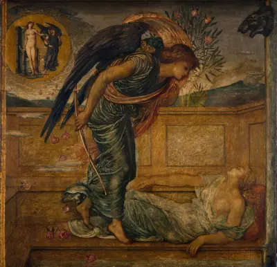 Cupid Finding Psyche Asleep by a Fountain av Sir Edward Coley Burne-Jones