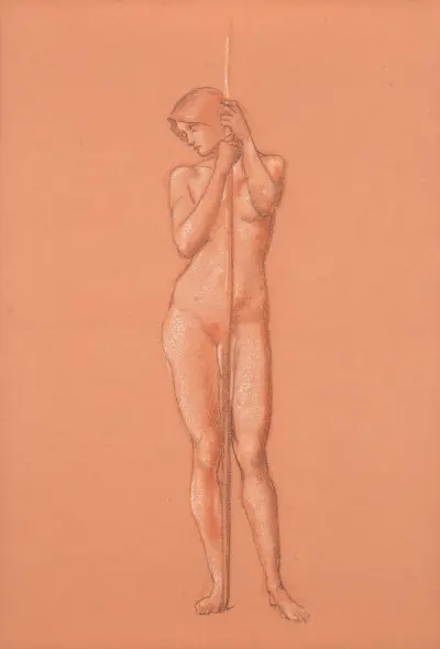 Aktstudie für eine Begleitfigur mit Speer in Der Schlaf von Arthur in Avalon von Sir Edward Coley Burne-Jones