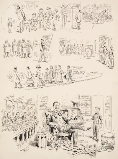 Szenen vom Scheitern eines Pferdestalls, eines Saloons und amerikanischer Schneider und vom Erfolg von Hustler’s Magazine von Frederick Burr Opper