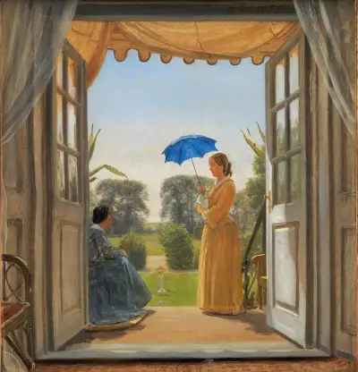 Caroline Dalgas und Jeanina Stampe auf der Gartentreppe von Nysø von P. C. Skovgaard