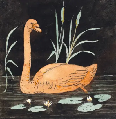 Ein Schwan auf schwarzem Hintergrund. Dekorativer Entwurf. von P. C. Skovgaard