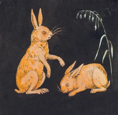 Zwei Hasen (Kaninchen) auf schwarzem Hintergrund. Dekorativer Entwurf von P. C. Skovgaard