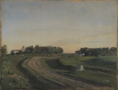 Vejby mit der Kirche von Norden gesehen. Abendlicht. Seeland von P. C. Skovgaard
