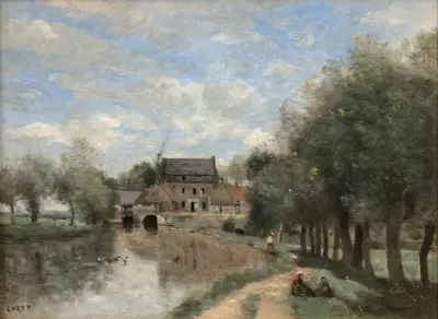 Arleux-du-Nord; le Moulin Drocourt sur la Sensée av Jean-Baptiste-Camille Corot