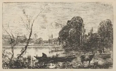 Avray Town; Pond with boatman (Effect of evening) av Jean-Baptiste-Camille Corot