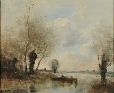 La pêche en barque auprès des saules av Jean-Baptiste-Camille Corot