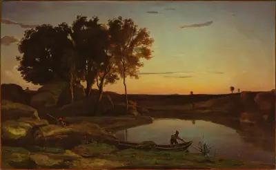 Landscape with Lake and Boatman av Jean-Baptiste-Camille Corot
