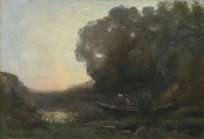 Le batelier à la rive. Soleil couchant av Jean-Baptiste-Camille Corot