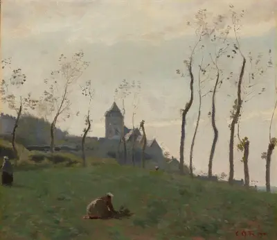 Le Tréport – Eine Wiese und die Kirche von Jean-Baptiste-Camille Corot