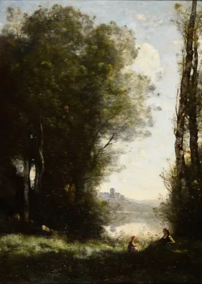Les Deux soeurs sous les arbres au bord du lac av Jean-Baptiste-Camille Corot