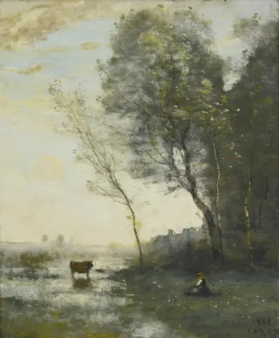 Paysanne gardant une vache au bord de l’eau av Jean-Baptiste-Camille Corot